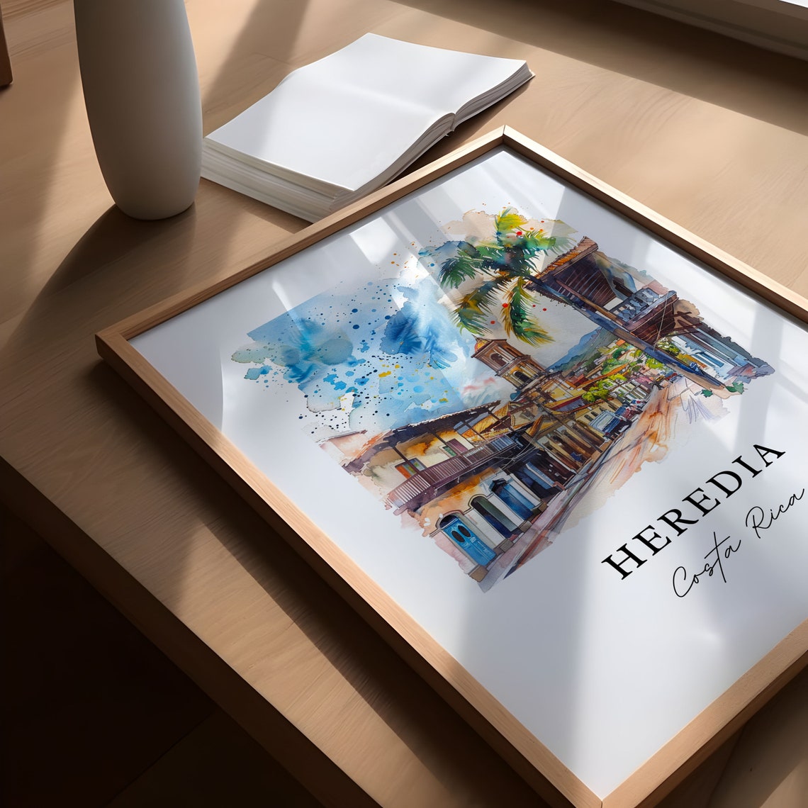 Heredia Costa Rica Colonial Street Church Tower Watercolor Poster - Image 5