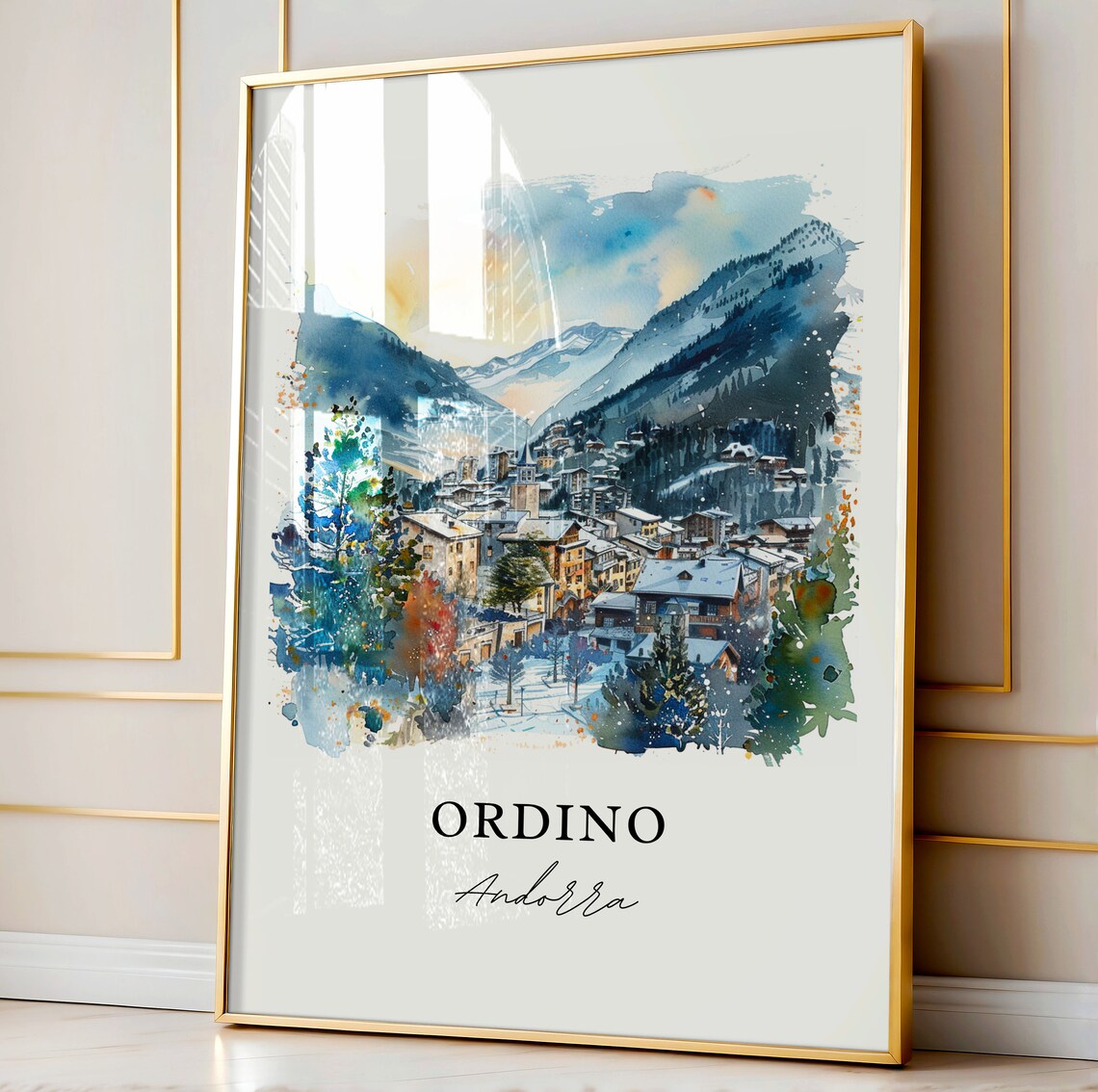 Ordino Andorra Snowy Mountain Village Watercolor Travel Poster - Image 4