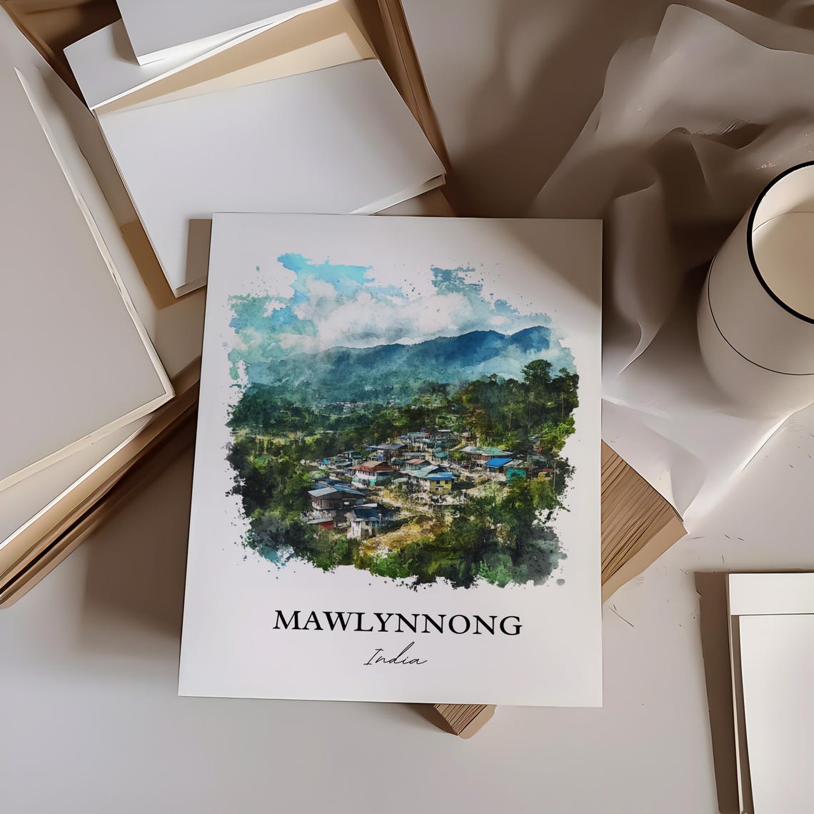 Mawlynnong India Watercolor Hillside Village Green Hills Poster - Image 3