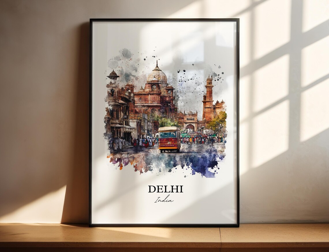 Delhi India Old City Mosque Busy Street Watercolor Travel Poster