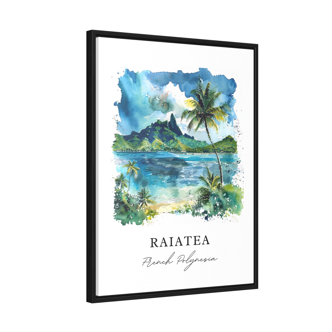 Raiatea French Polynesia Palm Beach Mountain Watercolor Art Poster - Image 2