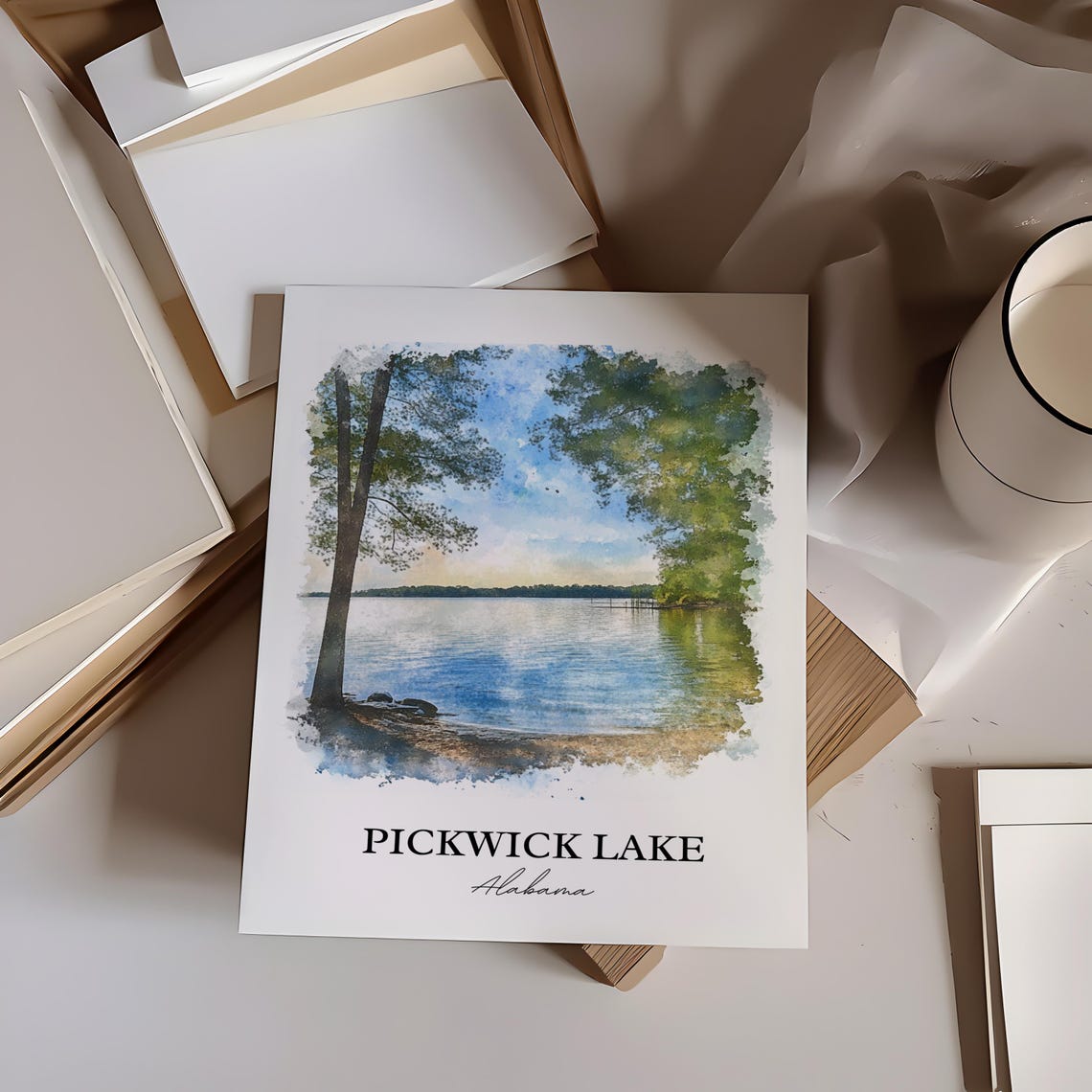 Pickwick Lake Alabama Tall Trees Framing Shore Watercolor Poster - Image 3