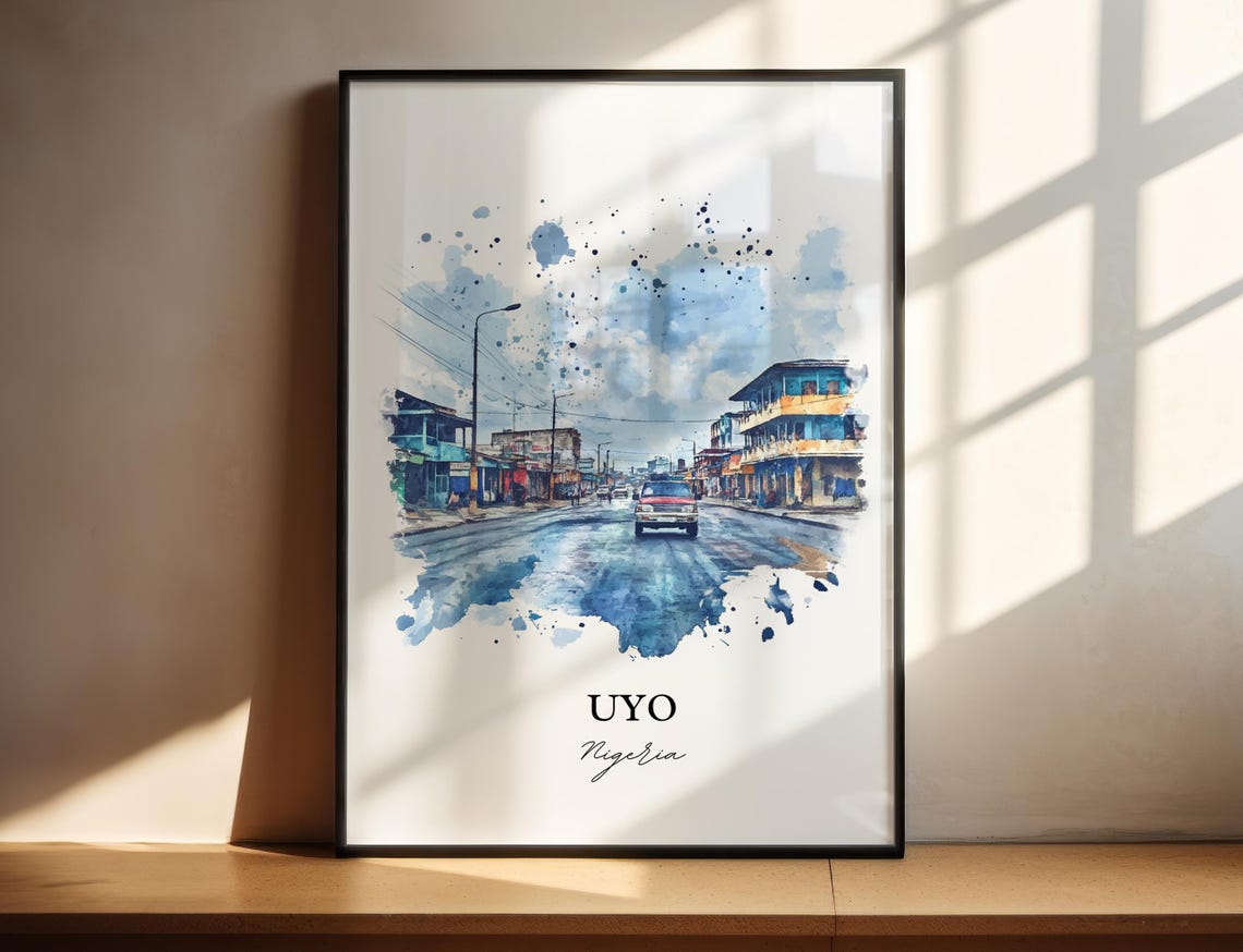 Uyo Nigeria African Watercolor Rainy Street Car Scene Poster