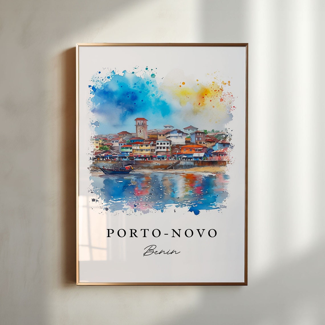 Porto Novo Benin Waterfront Old Town Watercolor Travel Poster