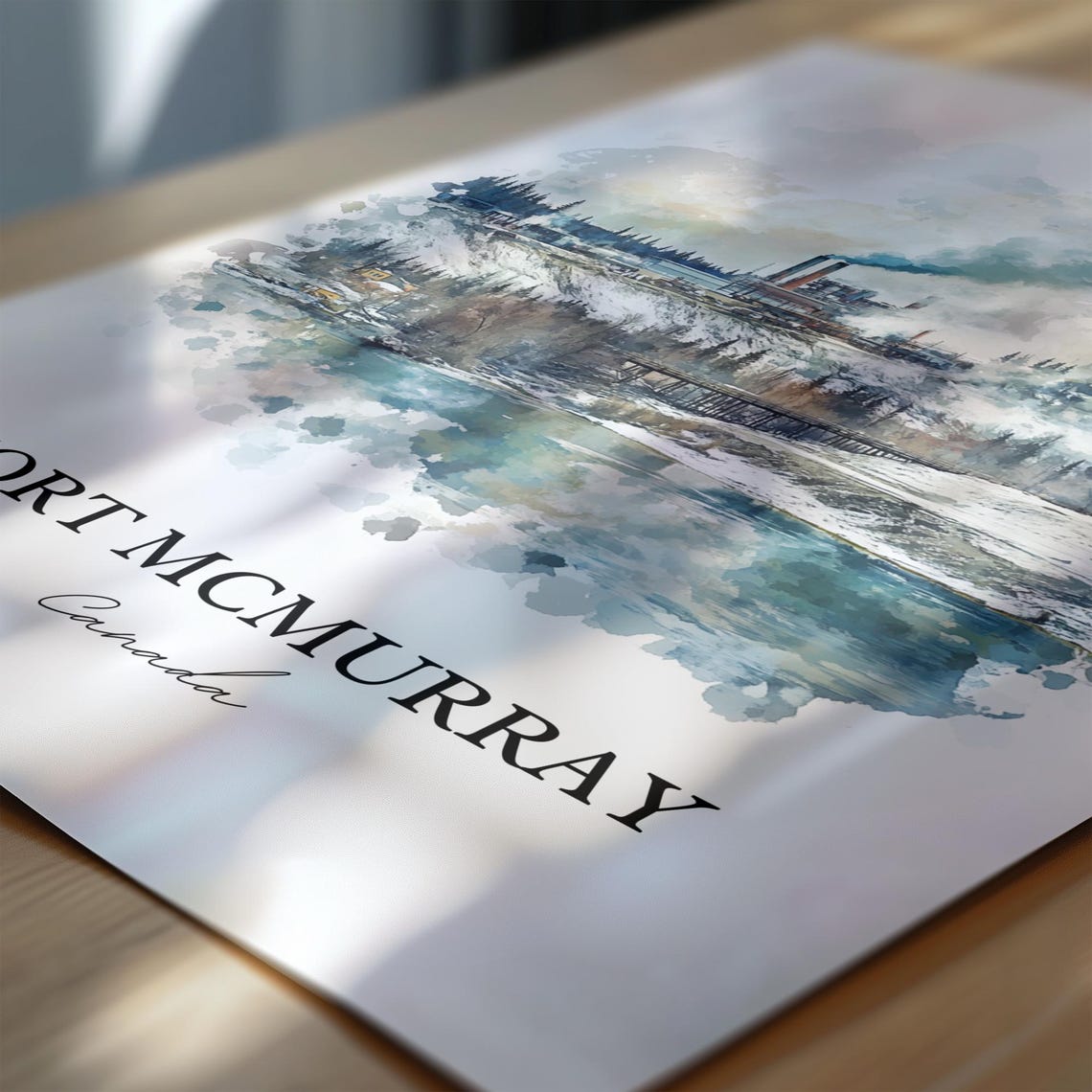 Fort McMurray Alberta Winter Industrial Skyline Watercolor Poster - Image 6