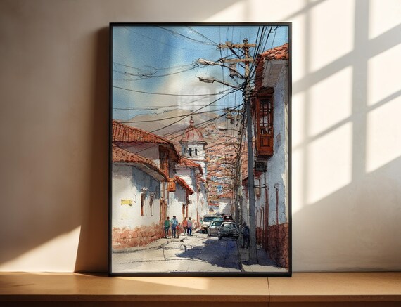 Sucre Bolivia Watercolor Colonial Street Church Travel Poster