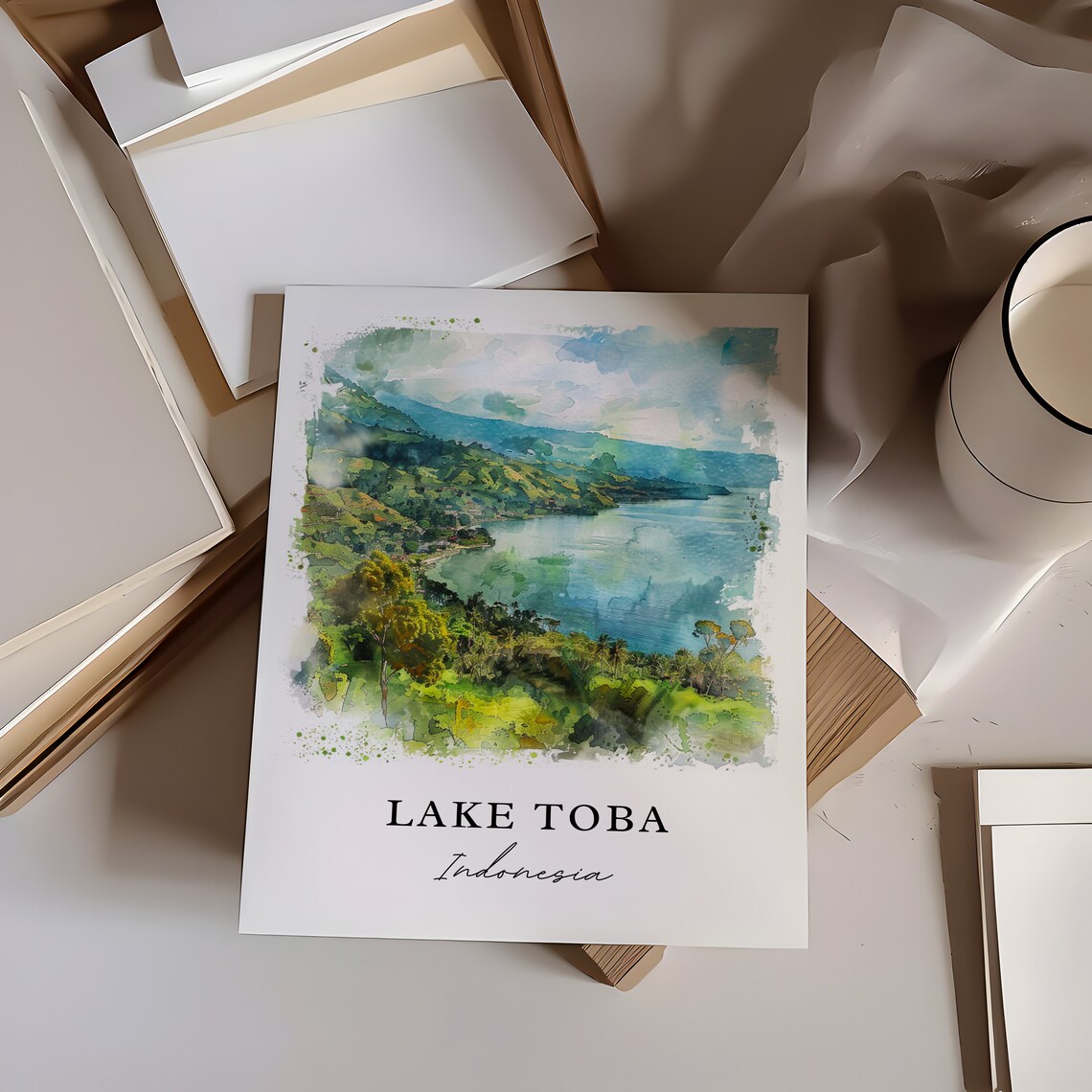 Lake Toba Indonesia Volcanic Crater Lake Watercolor Travel Poster - Image 6