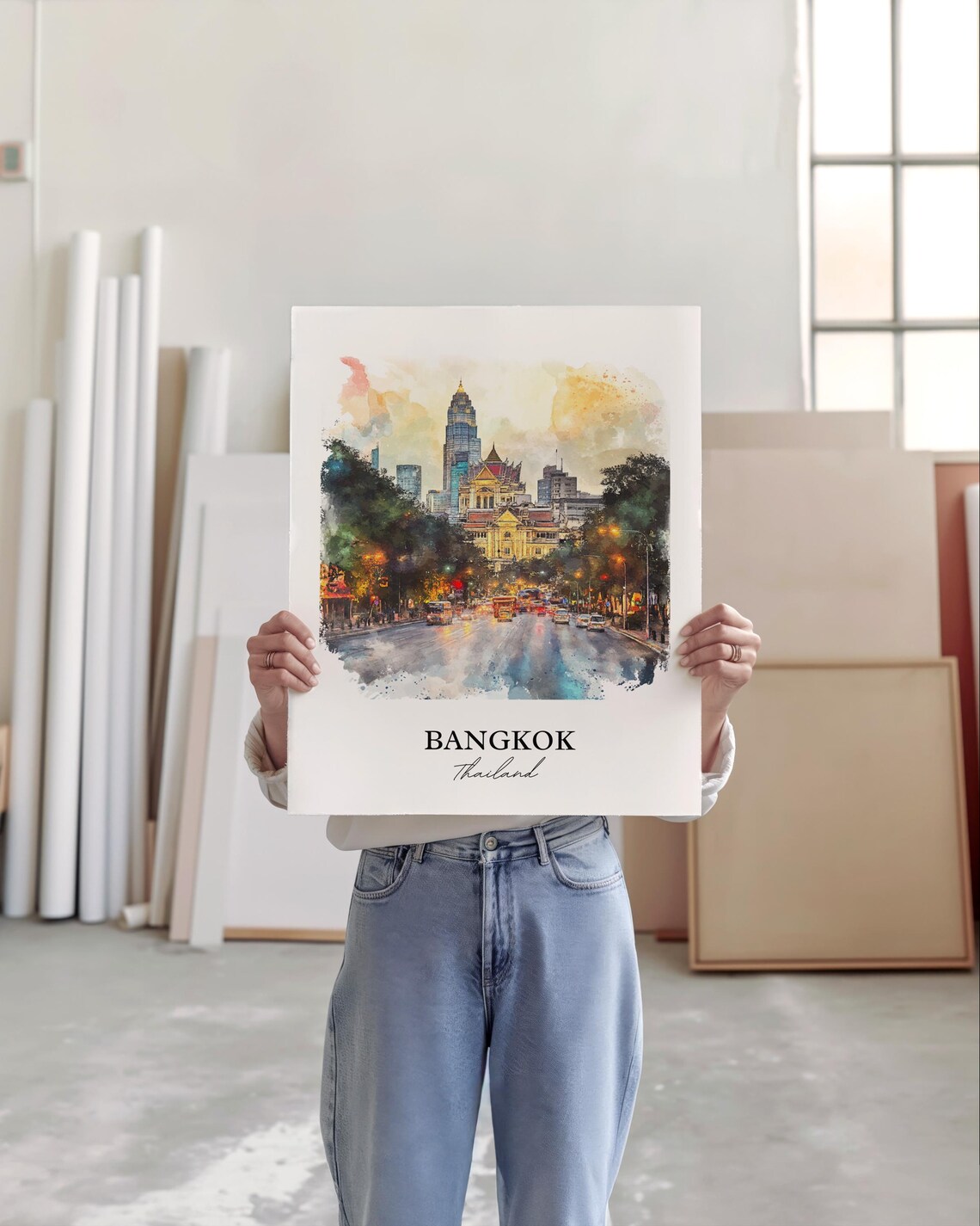 Bangkok Thailand City Night Street Lights Watercolor Travel Poster - Image 5