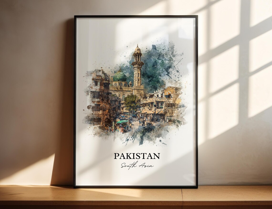Pakistan South Asia Old Town Mosque Street Watercolor Travel Poster