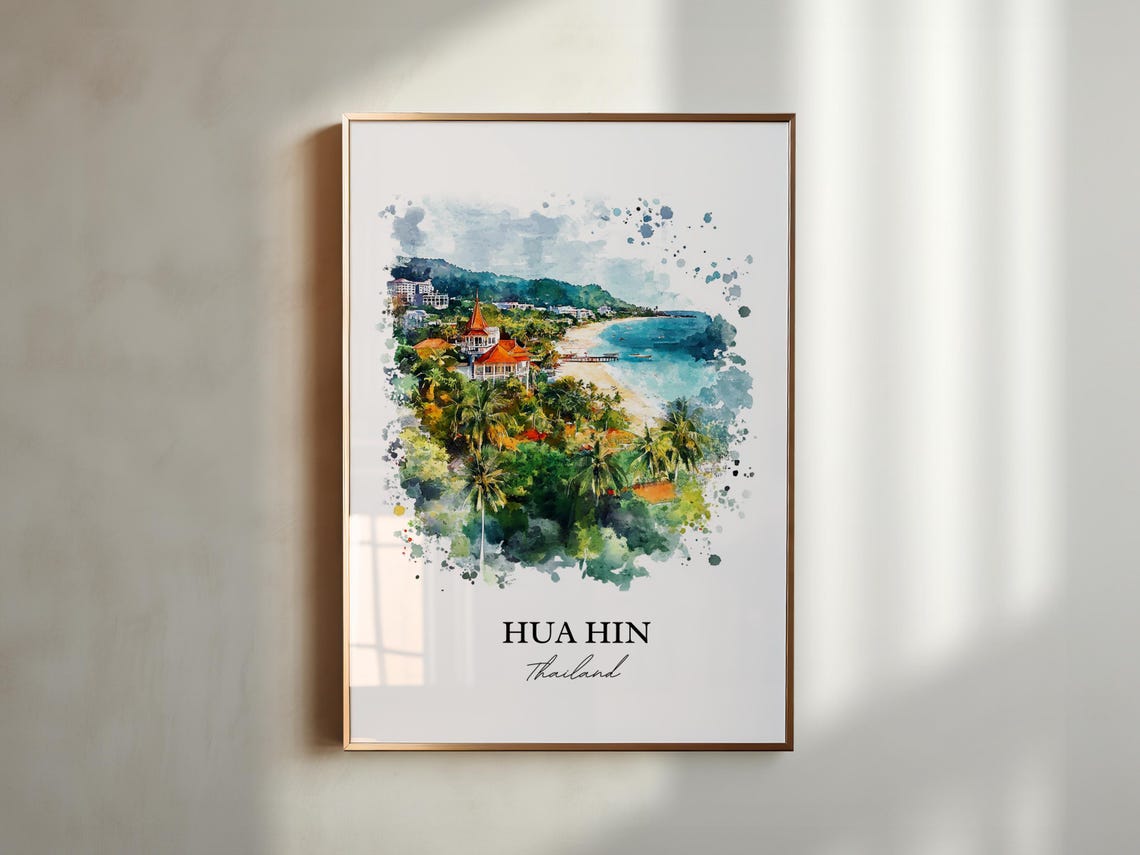 Hua Hin Thailand Watercolor Beach Palm Trees Seaside Art Poster - Image 6