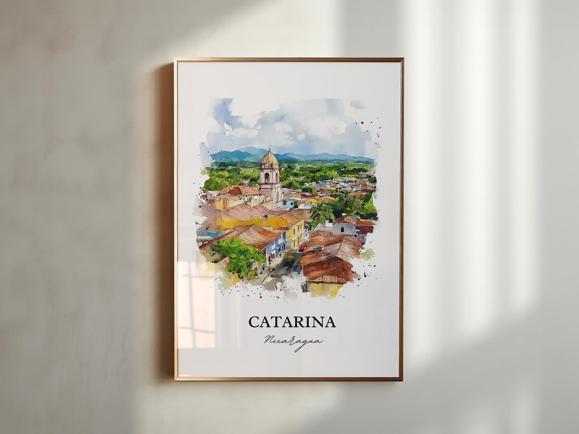 Catarina Nicaragua Watercolor Colonial Town Church View Travel Poster - Image 5