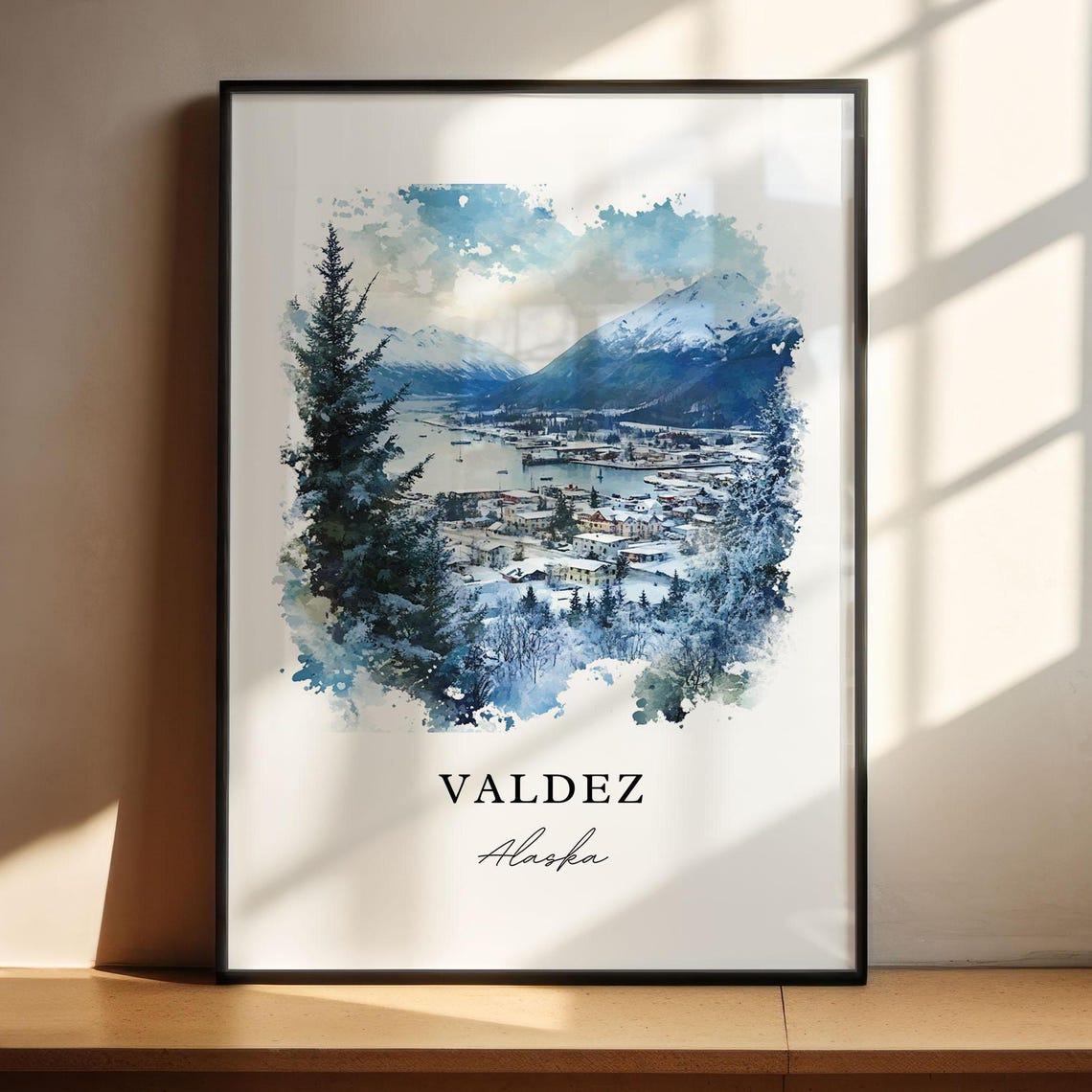 Valdez Alaska Snowy Waterfront Watercolor Fjord Mountain Town Poster