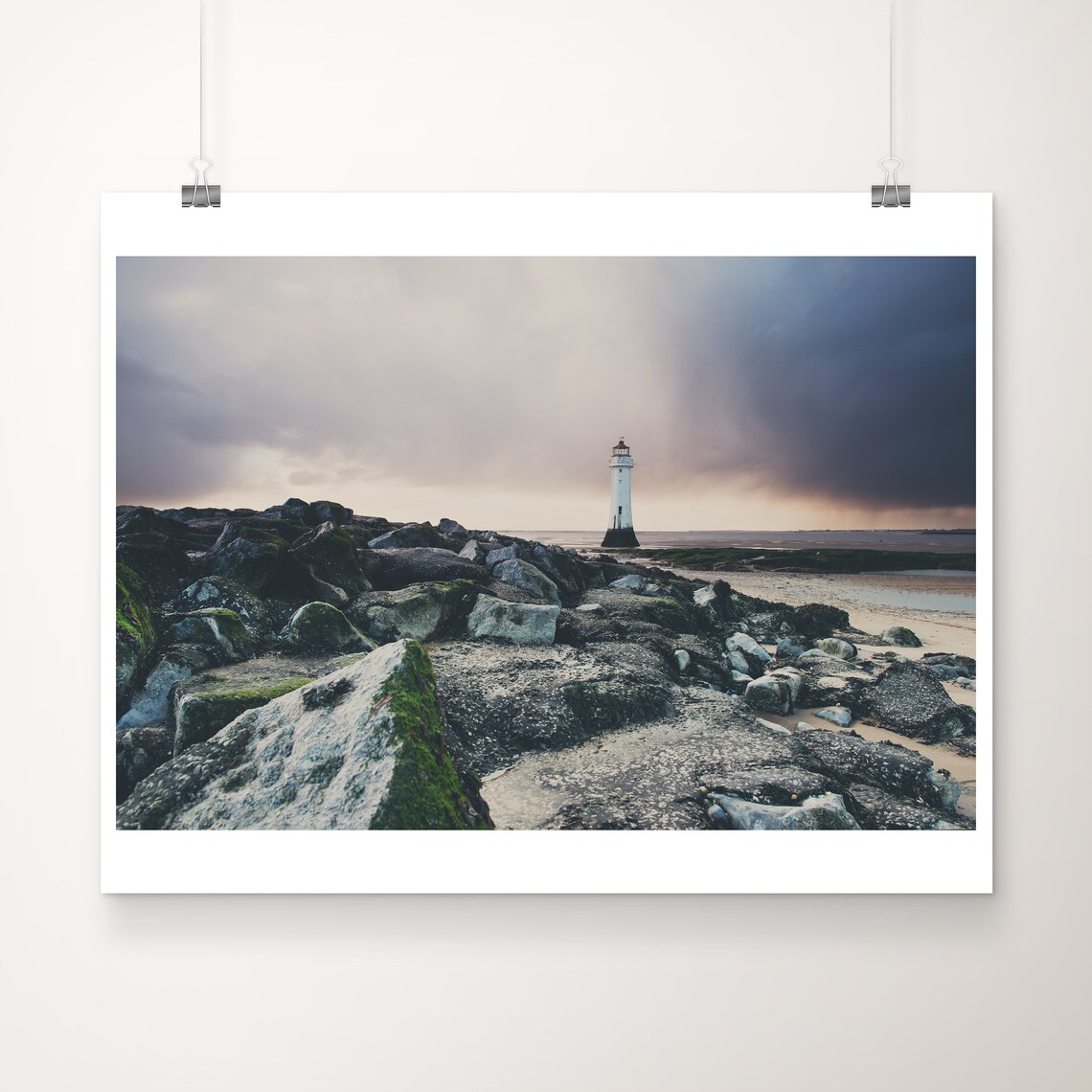 Lighthouse on Rocky Coast at Sunset Stormy Sky Coastal Photo Poster