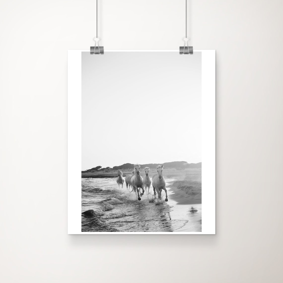 White Horses Galloping Through Ocean Surf In Black And White Poster