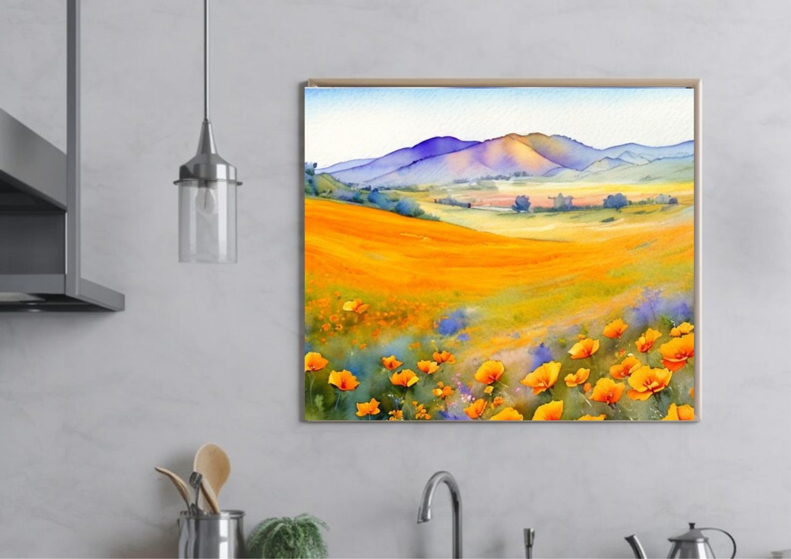 California Poppies Field Watercolor Painting Orange Poppies Art Print Panoramic Wildflowers Field Wall Art Watercolor California Poppy Art - Image 5