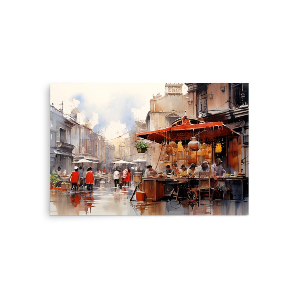 European Old Town Street Market Red Canopy Watercolor Cityscape Poster - Image 2