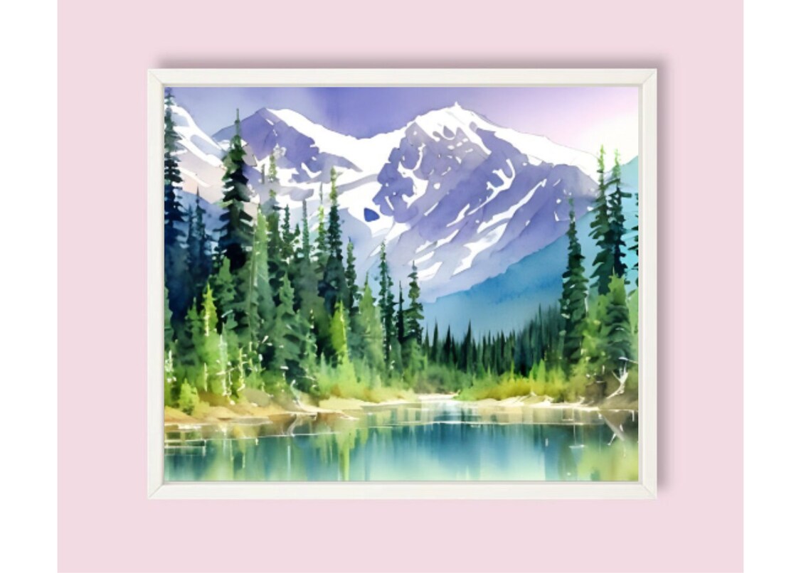 Purple Snowy Peaks Above Pine Forest And Lake Watercolor Art Poster - Image 6
