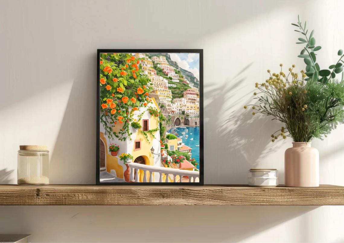 Positano Cityscape Painting Amalfi Coast Watercolor Art Print Flowers Bush Wall Art Italian Cityscape Print Italy Art Positano Travel Art - Image 3