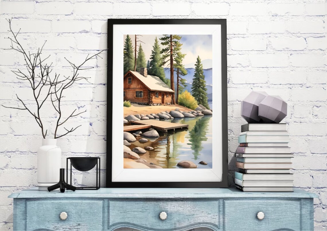 Forest Cabin Painting Tahoe Lake Watercolor Art Print California Mountain Forest Landscape Wall Art Pine Trees Art Watercolor Mountain Lake - Image 2