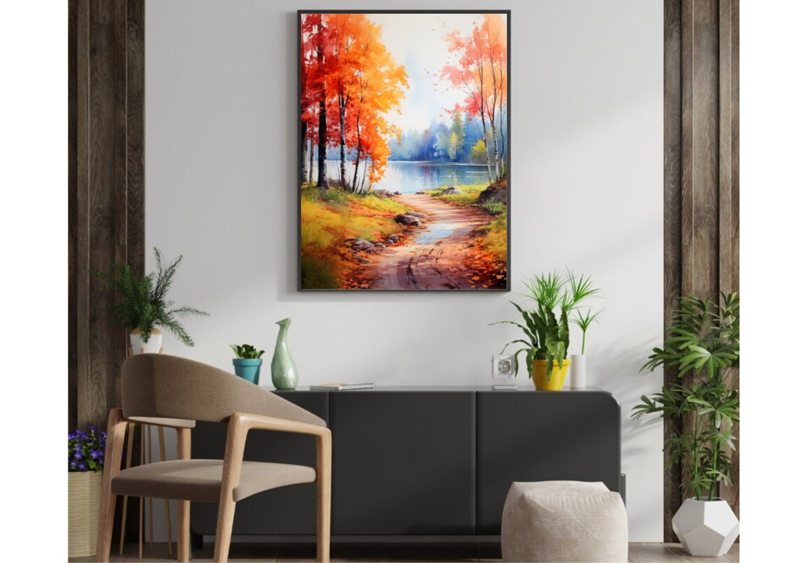 Autumn Lake Forest Watercolor Landscape Art Print - Image 5
