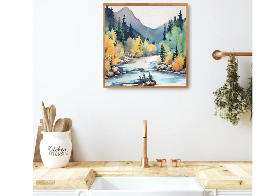 Autumn River Valley With Golden Aspens And Pine Trees Watercolor Print - Image 3