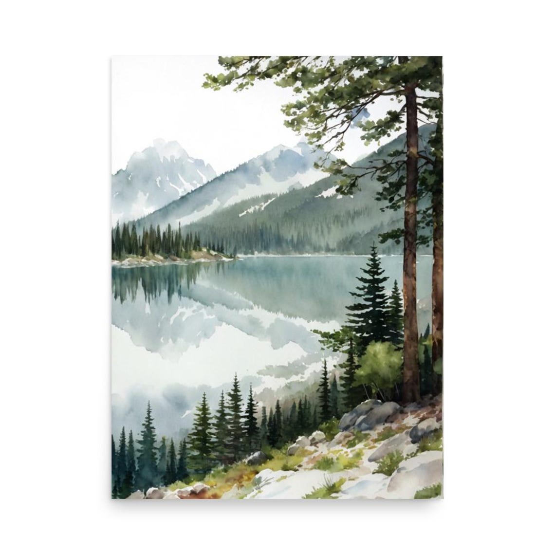 Lake Pend Oreille Pine Reflection Watercolor Idaho Mountain Art Poster