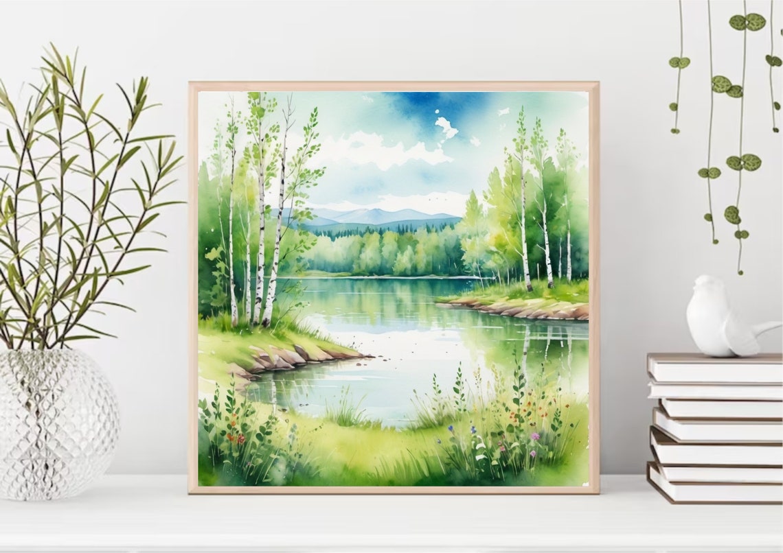 Birch Forest Mountain Lake Watercolor Summer Landscape Art Poster - Image 4