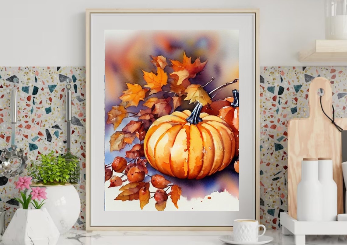 Golden Pumpkins With Maple Leaves And Berries Watercolor Fall Print - Image 2