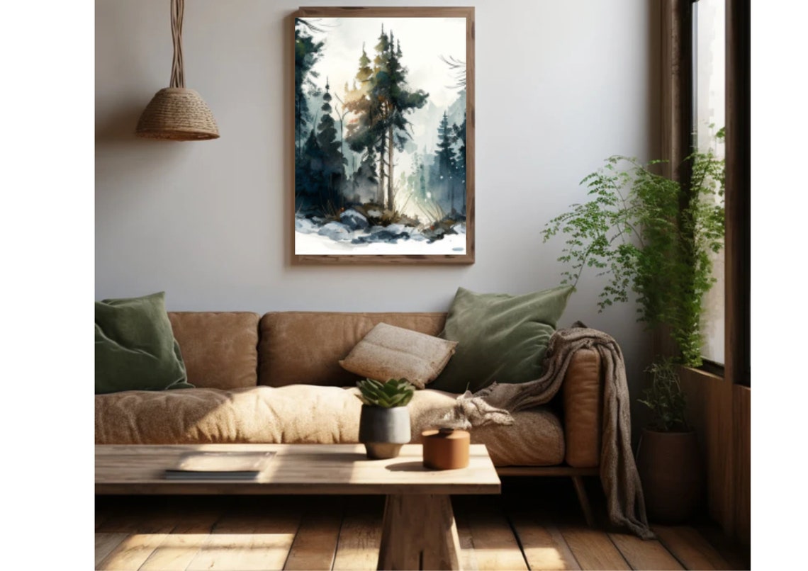 Tall Pines in Fog Sunlight Breaking Through Forest Watercolor Poster - Image 5