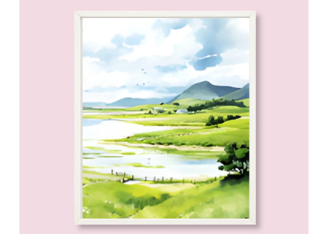 Sunlit Green Meadow River And Hills Watercolor Landscape Wall Art - Image 6