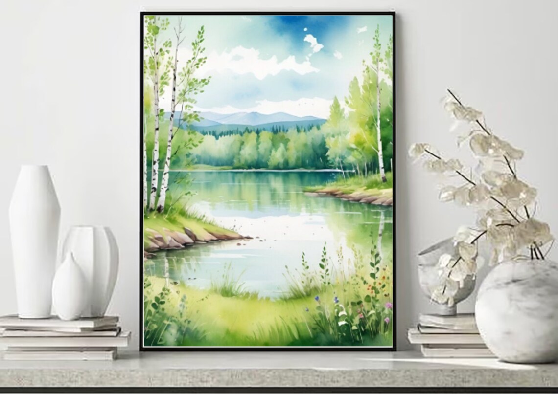 Birch Forest Mountain Lake Watercolor Summer Landscape Art Poster - Image 5