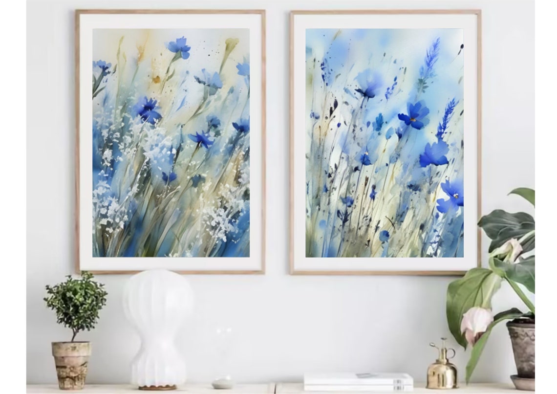 Blue Cornflowers Loose Abstract Breezy Watercolor Floral Art Poster - Image 3