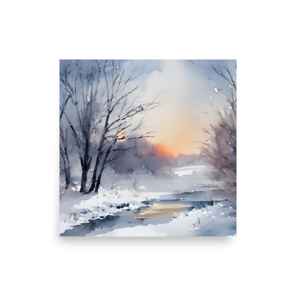 Winter Sunrise Glowing Through Foggy Forest Stream Watercolor Poster - Image 2