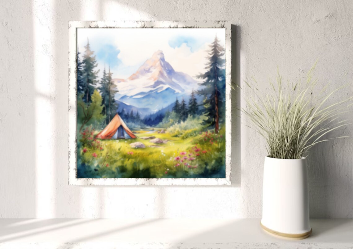 Rocky Mountains Painting Tent Camp At The Foot Of Lone Eagle Peak In Colorado Watercolor Art Print Rocky Mountain Pine Forest And Meadow Art - Image 4