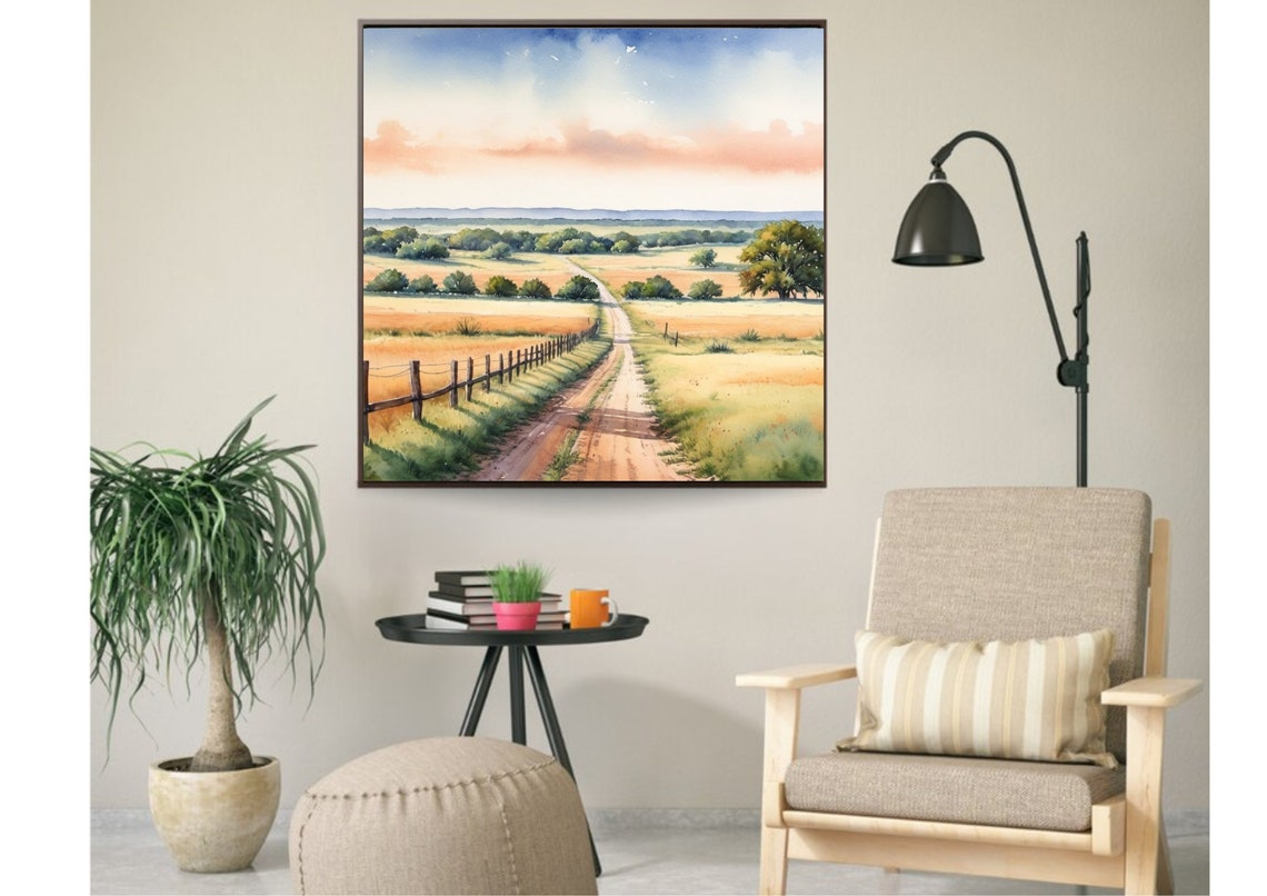 Texas Painting Country Road Through Farm Meadow Watercolor Art Print Texas Farm Ranch Wall Art Country Landscape Art Grass Hills Landscape - Image 4