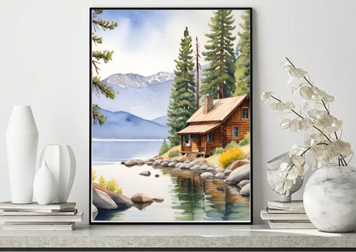 Redfish Lake Painting Lake Cabin Watercolor Art Print Idaho Landscape Wall Art Mountain Lake Art Lake House Artwork Pine Trees Large Poster - Image 4