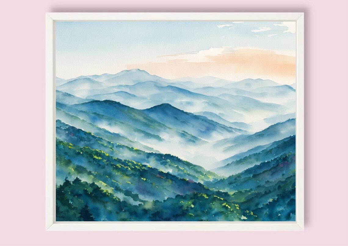 Blue Ridge Misty Mountain Layers Watercolor Smoky Panoramic Art Poster - Image 6