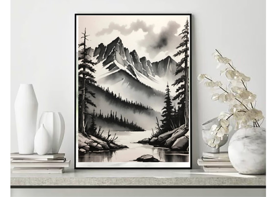 Black White Rocky Mountains River Ink Watercolor Sketch Art Poster - Image 5