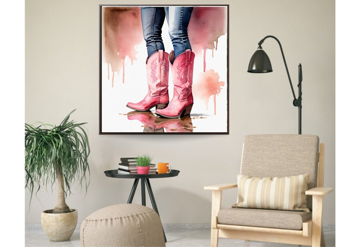 Womens Cowboy Pink Boots Painting Cowgirl Boots Watercolor Art Print Pink Boots Wall Art Western Cowboy Art Female Legs With Pink Boots Art - Image 5