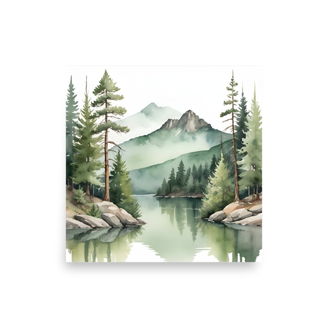 Mountain Lake Pines Misty Peaks Reflection Watercolor Poster - Image 2
