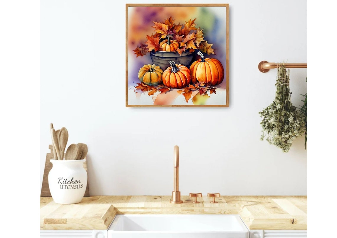 Autumn Pumpkins In Metal Bucket With Maple Leaves Watercolor Poster - Image 4
