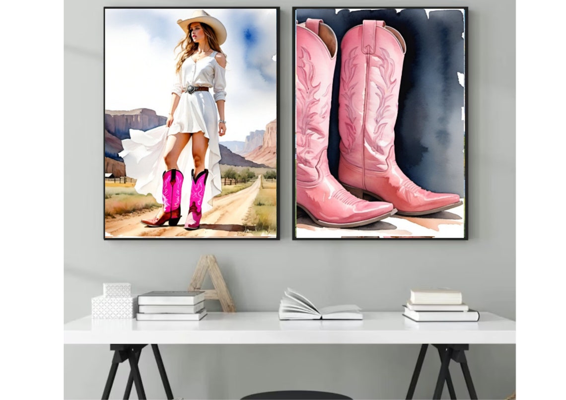 Cowgirl Pink Boots Painting Cowgirl Boots Watercolor Art Print Pink Boots Wall Art Western Cowboy Art Poster Female Pink Boots Art - Image 2