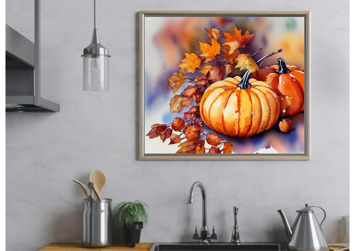 Golden Pumpkins With Maple Leaves And Berries Watercolor Fall Print - Image 3