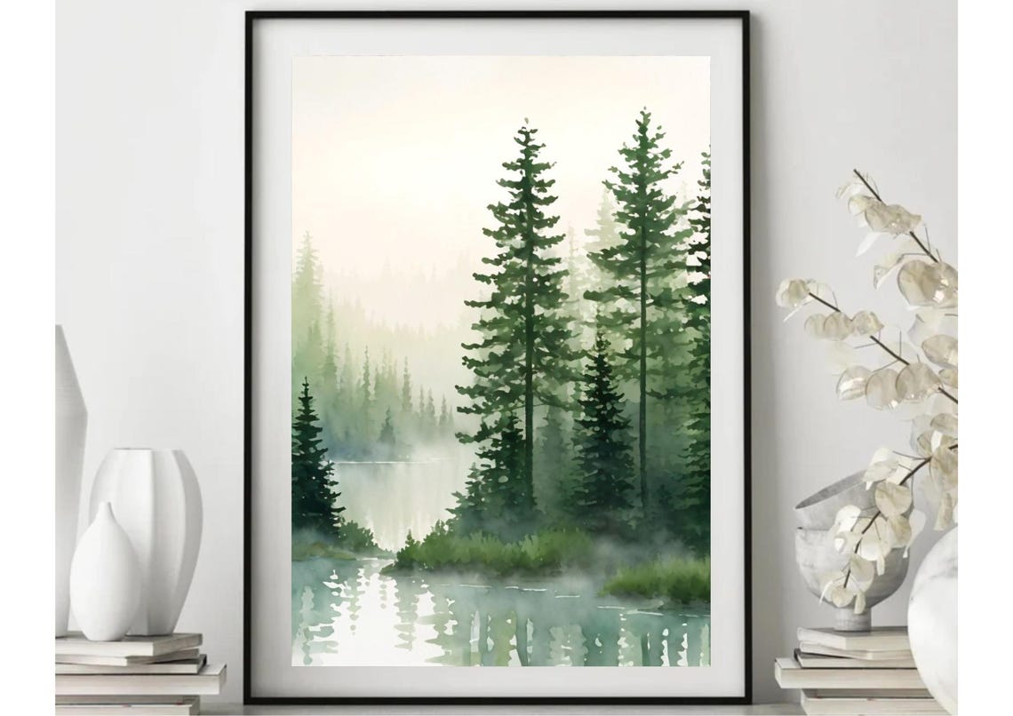 Misty Evergreen Forest Lake Watercolor Washington Nature Art Poster - Image 4
