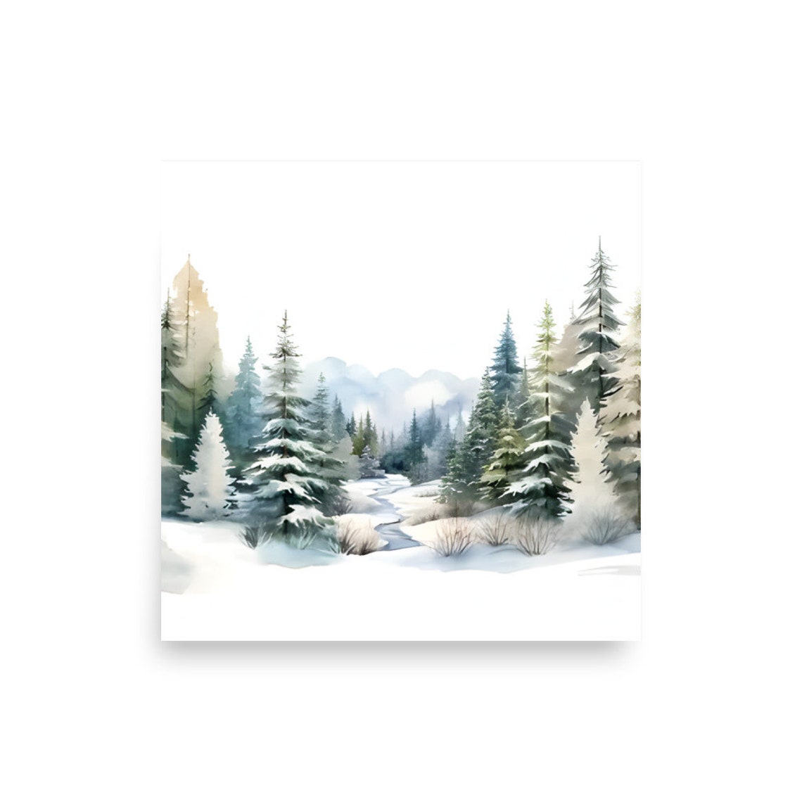 Snowy Pine Forest With Winding Stream Watercolor Winter Art Poster - Image 2