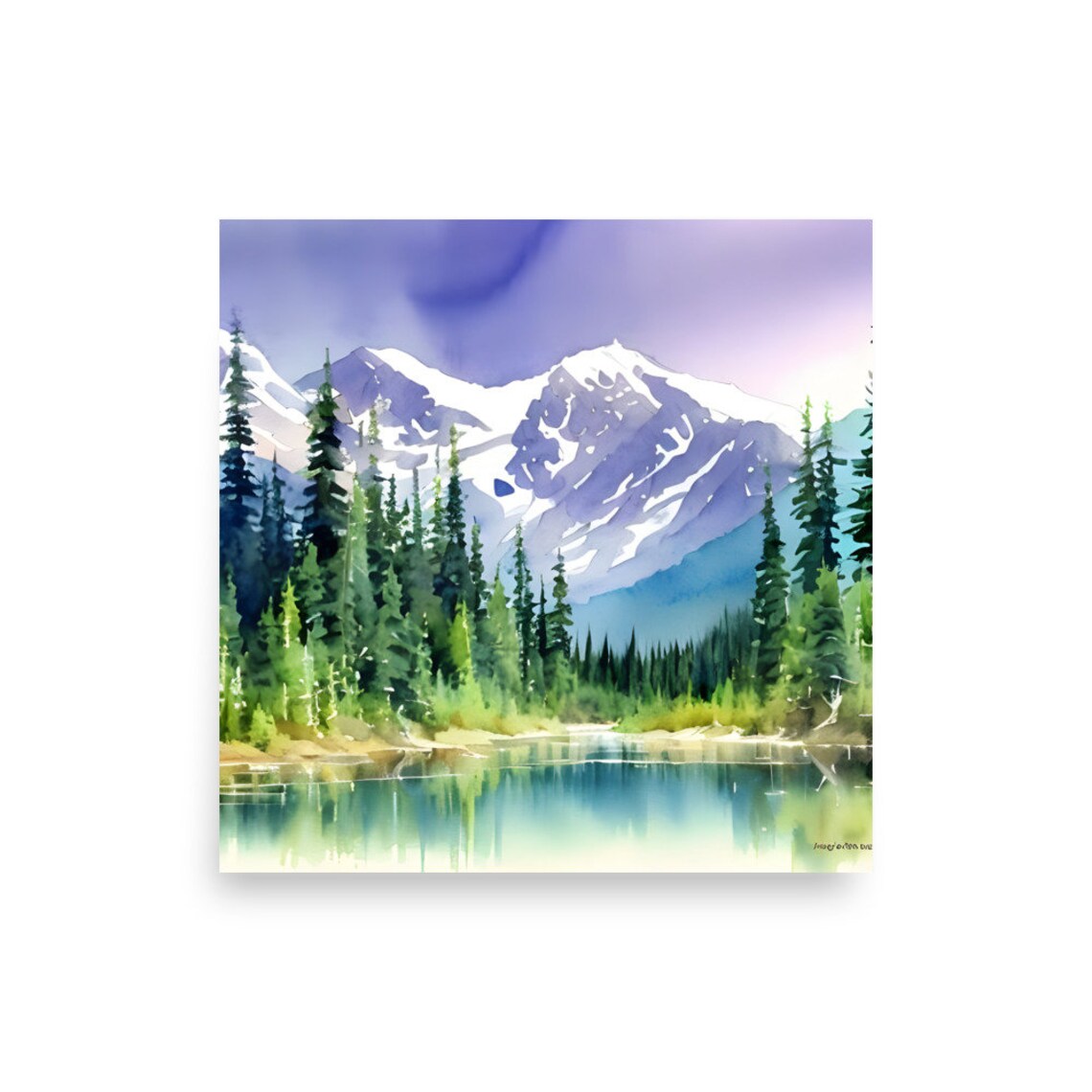 Purple Snowy Peaks Above Pine Forest And Lake Watercolor Art Poster - Image 2