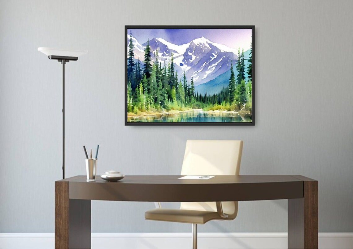 Purple Snowy Peaks Above Pine Forest And Lake Watercolor Art Poster - Image 3