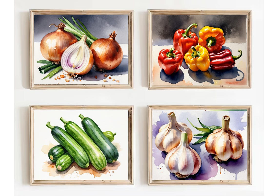 Golden Onions One Halved With Green Stalks Watercolor Kitchen Poster - Image 2
