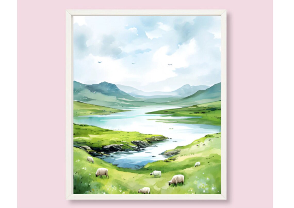 Green Hillside Meadow With Grazing Sheep By Lake Watercolor Wall Art - Image 6