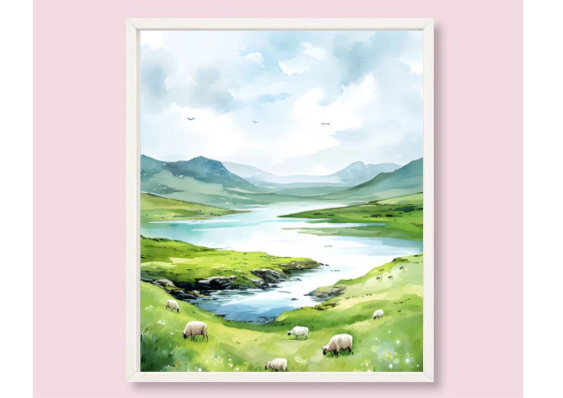 Scotland Painting Green Field With Grazing Sheep Watercolor Landscape Art Print Scotland Country Landscape Art Green Meadow With Sheep Print - Image 6